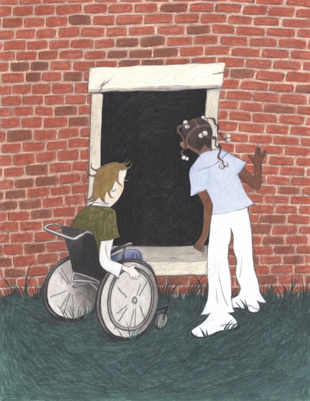 A coloured pencil illustration of two children standing on the grass outside of a red brick building. One is Bernard, a young white boy in a wheelchair. He is wearing a long sleeve shirt under a dark t-shirt, and pants. The other is a young Black girl, Jazz, who has multiple braids with hair bobbles on their ends, and an all white jumpsuit. They are shown with their backs to the viewer, looking through a large white window into a dark interior.