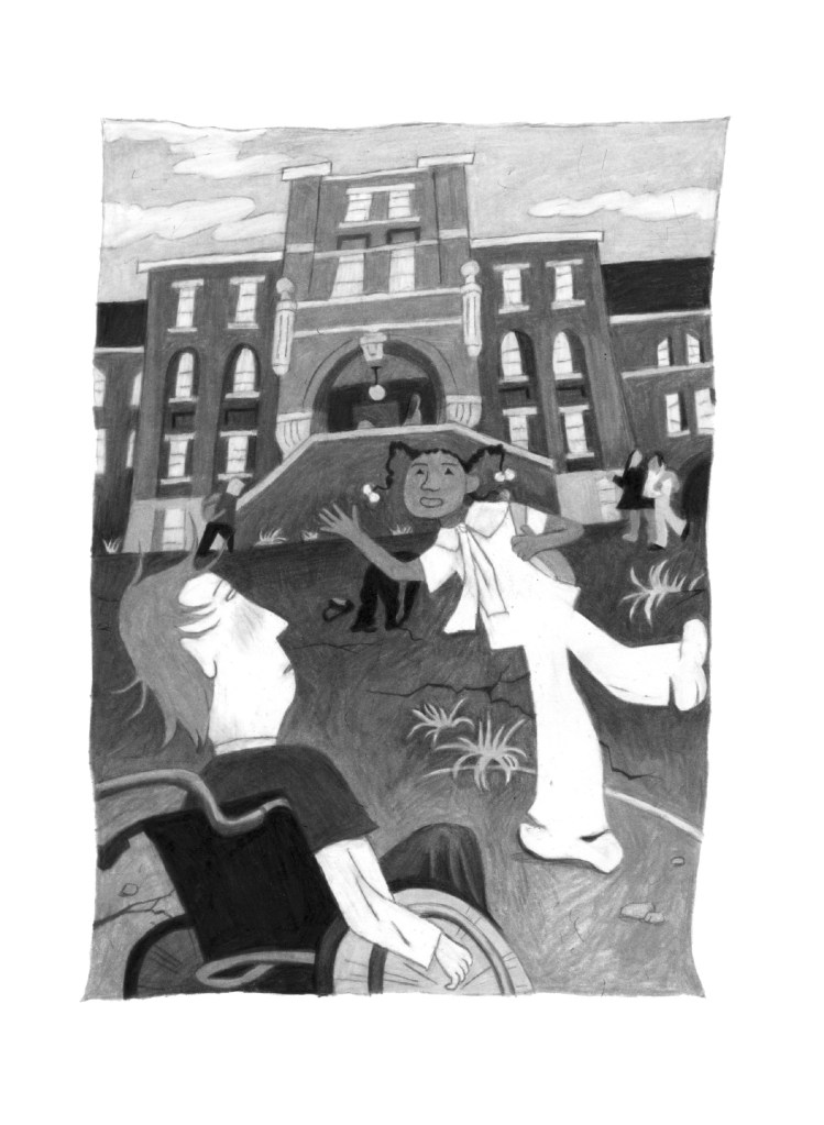 A black and white pencil illustration of two children meeting in a schoolyard. One is Bernard, a young white boy in a wheelchair, looking nervous. He is wearing a long sleeve shirt under a dark t-shirt, and pants. The other is a young Black girl, Jazz, who has multiple braids with hair bobbles on their ends, and an all white jumpsuit. She is waving and smiling at the boy. They are standing on a sparse dirt lawn in front of a large, intimidating brick building. 
