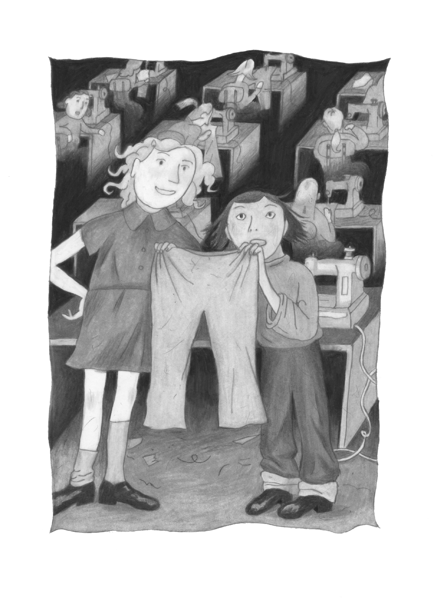 A black and white pencil illustration of a room full of young children seated at sewing machines. In the foreground of the image are two young white girls. One is tall, with curly hair held back by barrettes. She is standing with her hands on her hips, and she is smiling. She is wearing an ill fitting short dress and two different socks tucked into her shoes. The girl next to her is shorter with dark, unkempt short hair. She is smiling and holding up a pair of hand-sewn pants to the viewer. She is wearing a big sweater and pants that are rolled up several times at the bottoms.