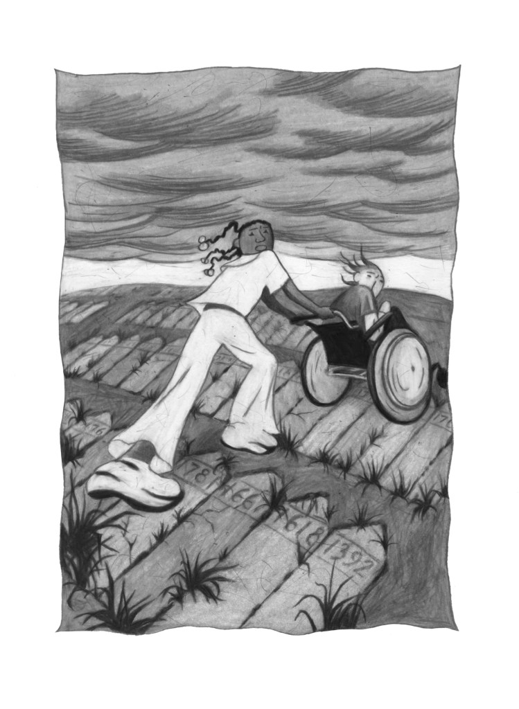 A black and white pencil illustration of Bernard and Jazz in a graveyard. Jazz is pushing Bernard’s wheelchair over many flat, unmarked headstones. They are both looking over their shoulders, looking concerned. The sky overhead is stormy, with heavy, dark rainclouds.