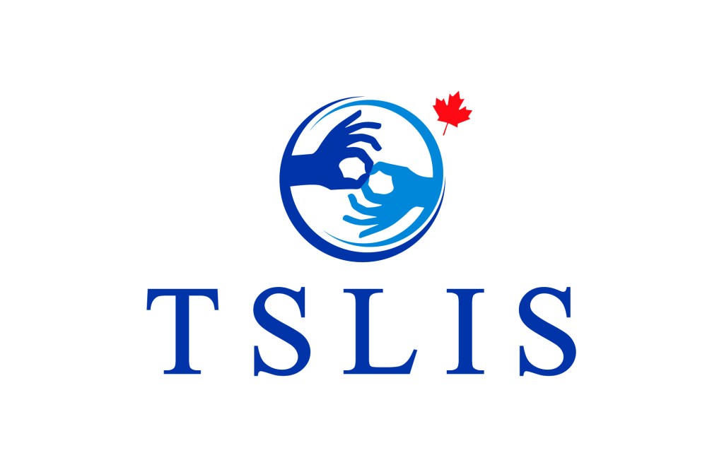The logo for Toronto Sign Language Interpreter Service, which is two blue hands making the symbol for the word okay, within a circle. Underneath in capitalized serif font, it reads TSLIS. There is a small red maple leaf to the right of the circle.